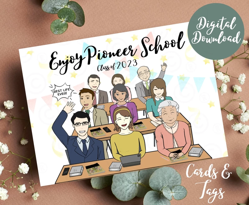 Pioneer School Printable Card & Tag Bundle | Jehovah's Witnesses | Class Of 2023| Hand-crafted Design | For Gifts | English and Spanish |