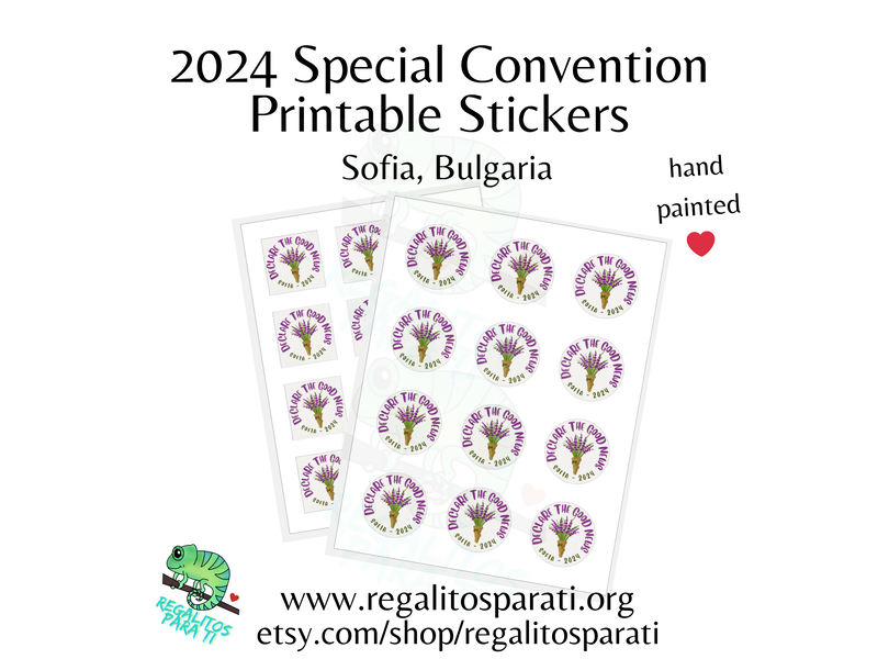 Sticker Sheets with a hand painted lavender floral design and the text "Declare the Good News Sofia 2024"