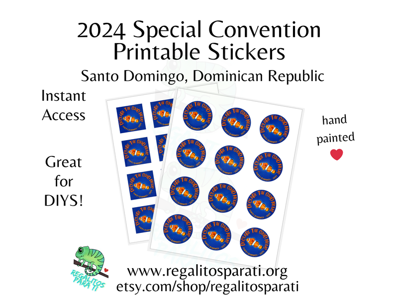 Sticker Sheets with a hand painted clown fish design and the text "Declare the Good News Santo Domingo 2024"