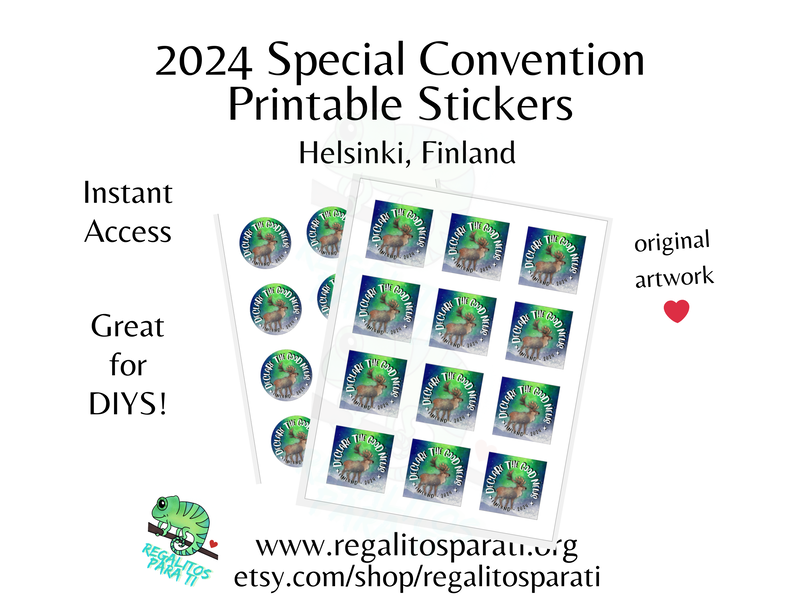 Sticker Sheets with a hand painted reindeer on northern lights background and the text "Declare the Good News Finland 2024"