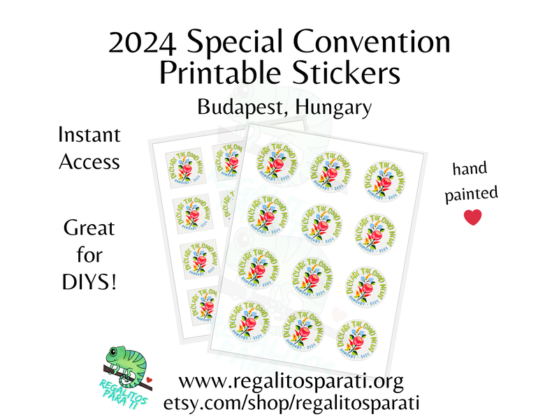 Sticker Sheets with a hand painted floral design and the text "Declare the Good News Hungary 2024"