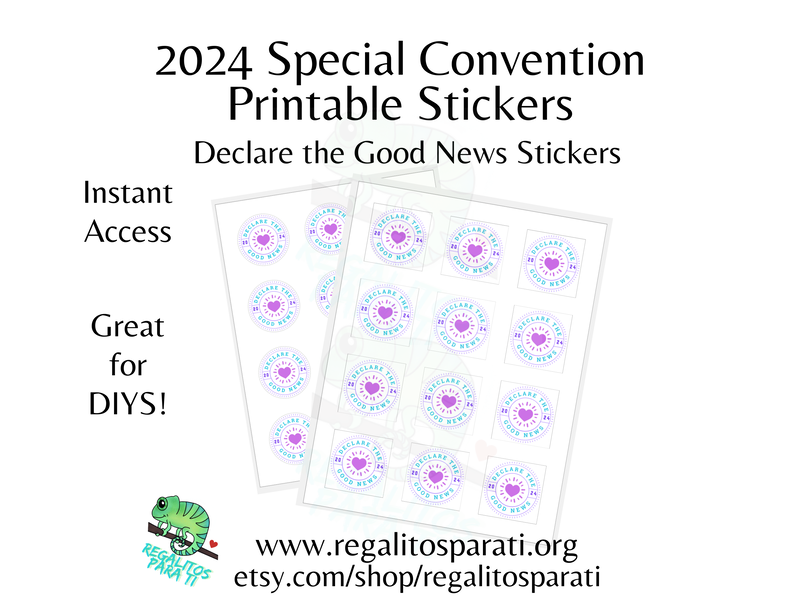 Two sticker sheets featuring a pinkish Purple Heart surround by the text "Declare the Good News 2024"