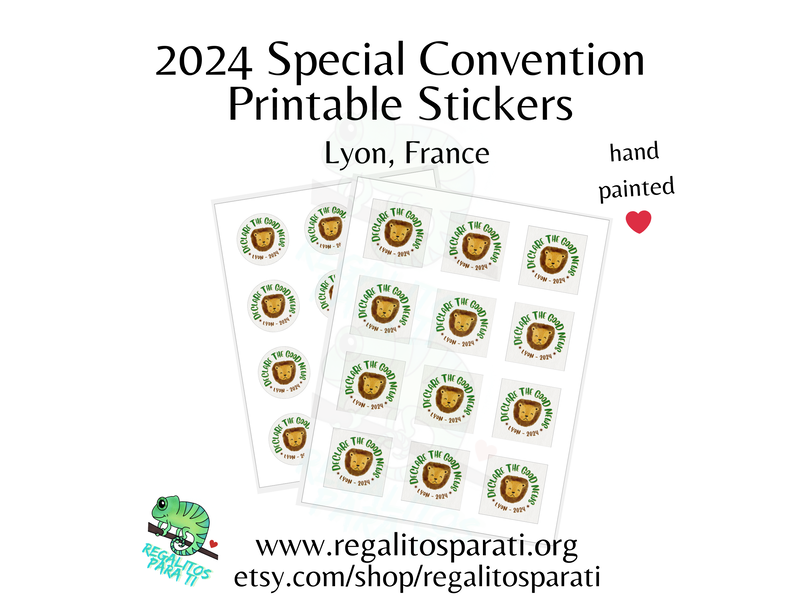 Sticker Sheets with a hand painted lion and the text "Declare the Good News Lyon 2024"
