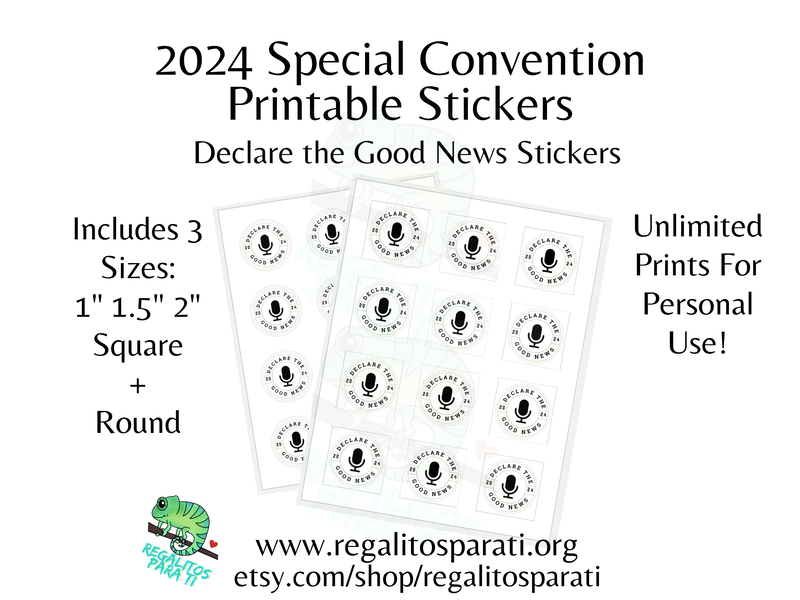 Two sticker sheets featuring a Microphone surround by the text "Declare the Good News 2024"