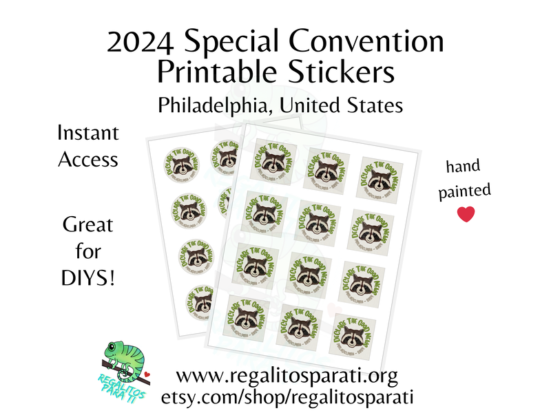 Two sticker sheets featuring a hand painted raccoon surround by the text "Declare the Good News Philadelphia 2024"