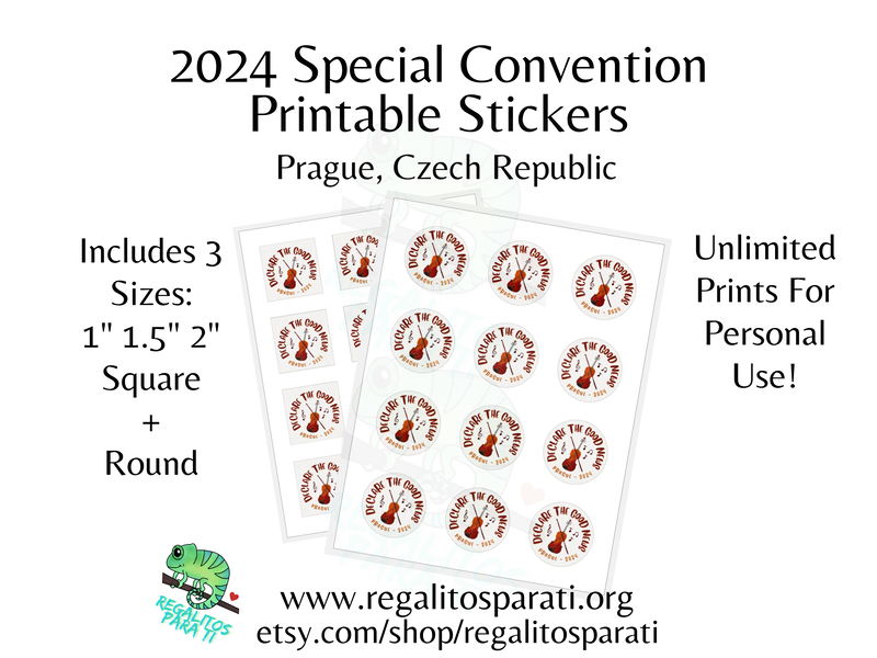 Sticker Sheets with a hand painted watercolor violin design and the text "Declare the Good News Prague 2024"