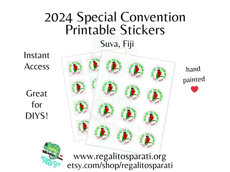 Two sticker sheets featuring a hand painted collard lory tropical bird surround by the text "Declare the Good News Fiji 2024"