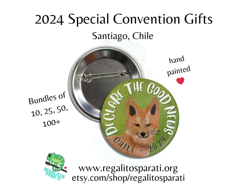 Pin back button with a hand painted chilean fox smiling and the text "Declare the Good News Chile 2024"