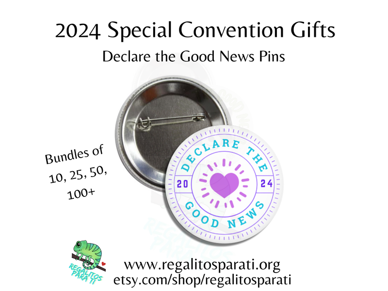 A button pin featuring a pinkish Purple Heart surround by the text "Declare the Good News 2024"