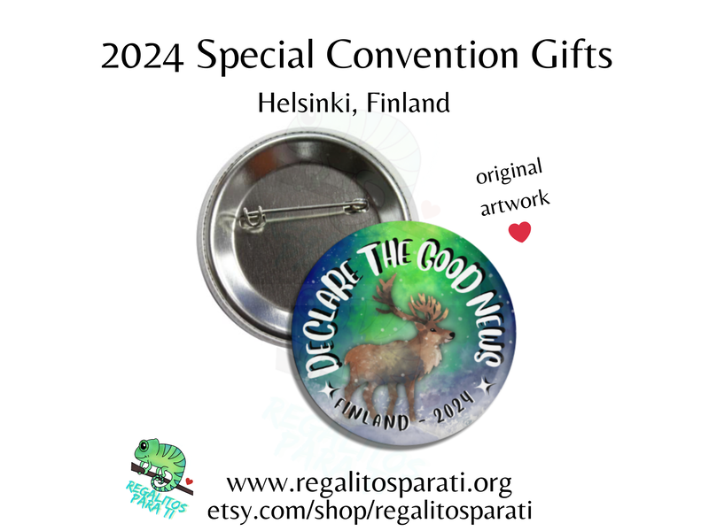 Pin back button with a hand painted reindeer on northern lights background and the text "Declare the Good News Finland 2024"