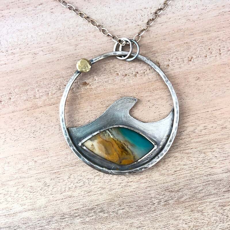Wood Opal Beach Scape Wave Necklace - Sterling Silver Gold Stone Pendant - Ocean Inspired Boho Jewelry