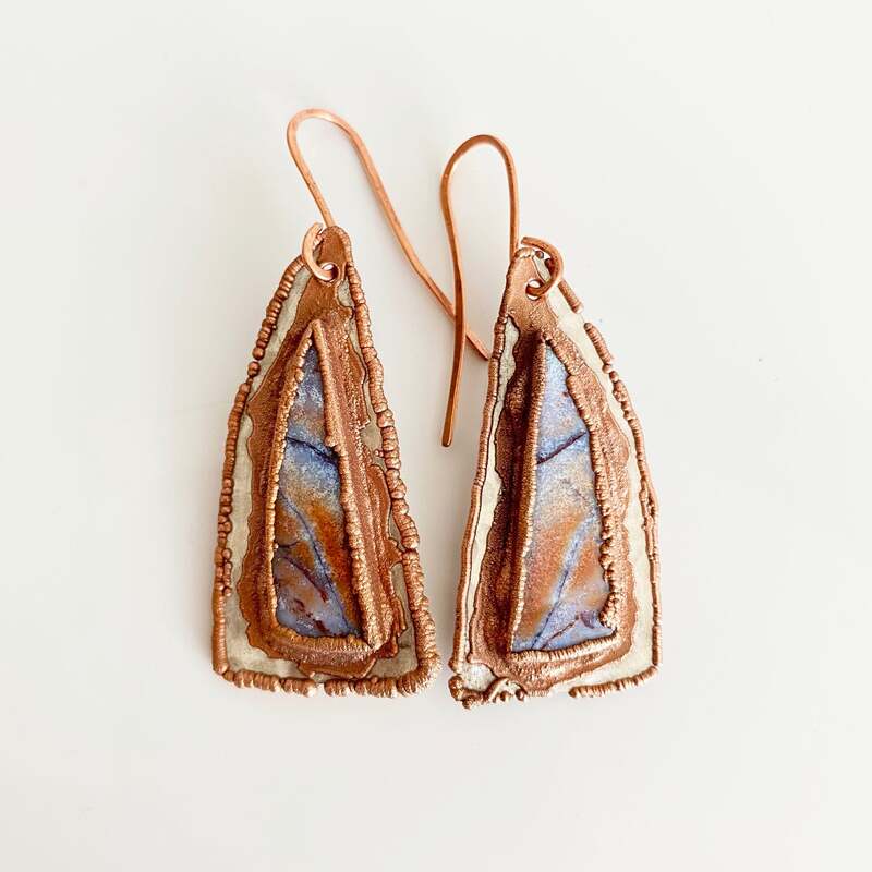 Rustic Earrings - Mixed Metals Earrings - Wood Opal Silver and Copper - Nature Inspired Statement Jewelry