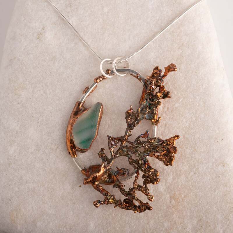 Teal Art Sea Glass and Algae Pendant Necklace - Silver and Copper Electroformed Jewelry - Ocean Inspired