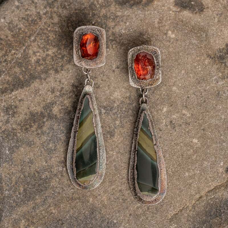 Garnet and Jasper Earrings - One of a Kind Art Jewelry - Earthy Nature Inspired Jewelry