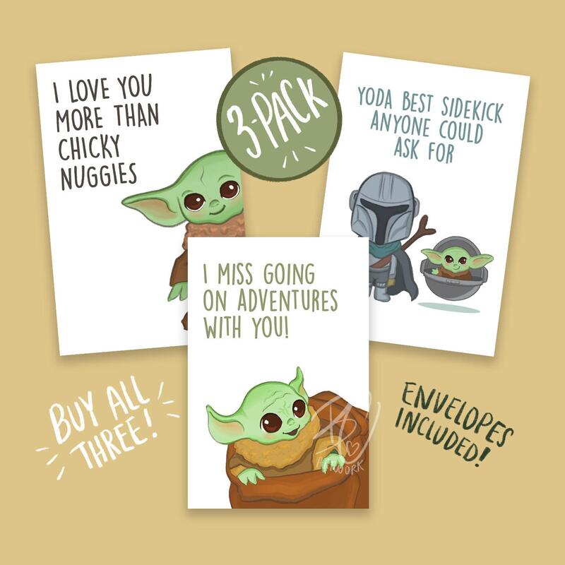 Baby Yoda Grogu Illustrated Greeting Card 3 Pack - Shared by Regalitos Para Ti - Discover unique handmade / designed gifts and support small businesses