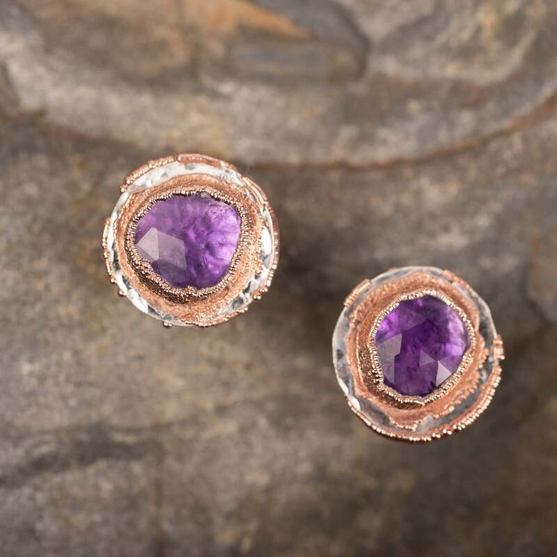 Purple Amethyst Stud Earrings - Mixed Metals Silver and Copper Earrings