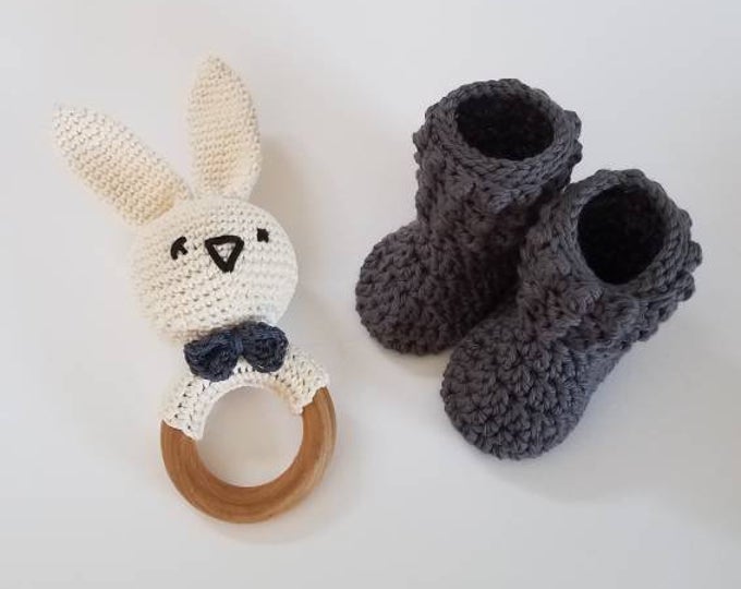 Crocheted Baby Booties & Teething Ring
