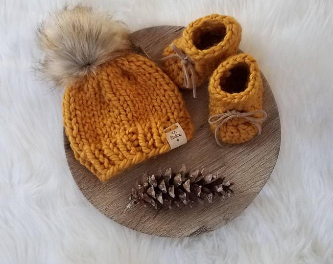 Crocheted Mustard Baby Booties Pompom Hat