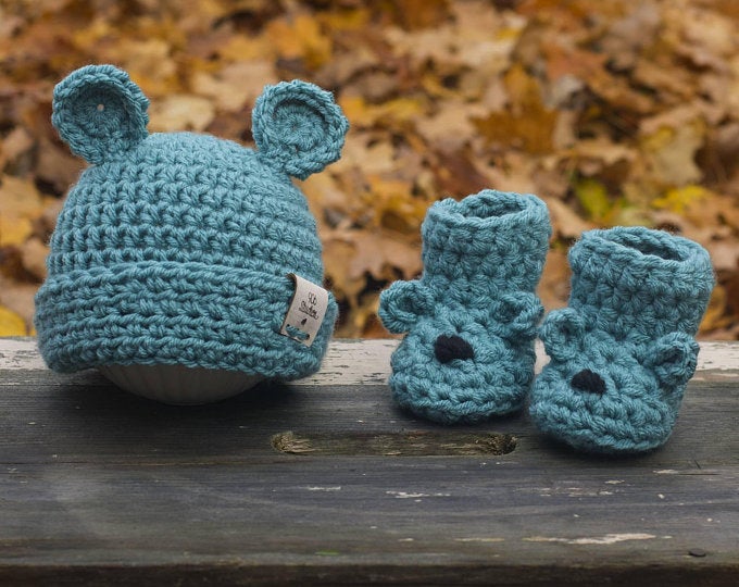 Crocheted Baby Bear Booties & Hat