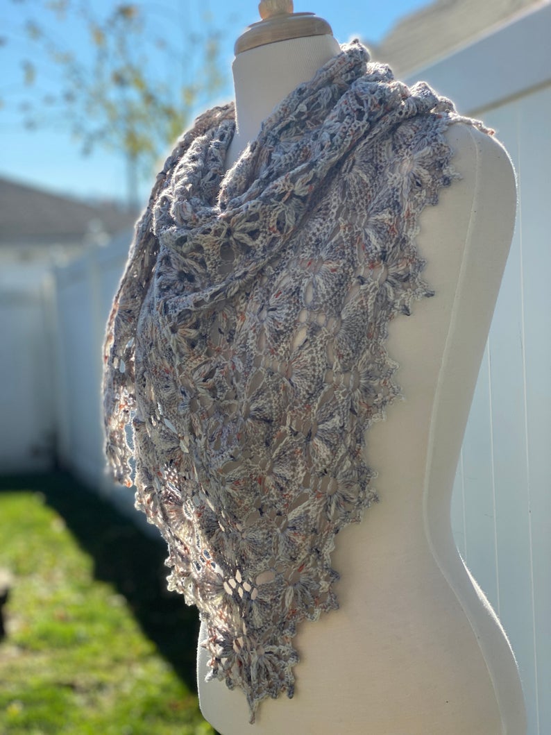Merino wool crochet lace shawl, gray, peach hues, superfine lace yarn, ready to ship, wedding gift, handmade, all season