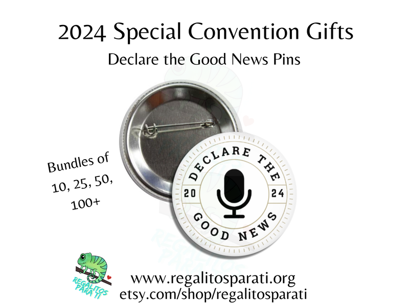 A button pin featuring a Microphone surround by the text "Declare the Good News 2024"