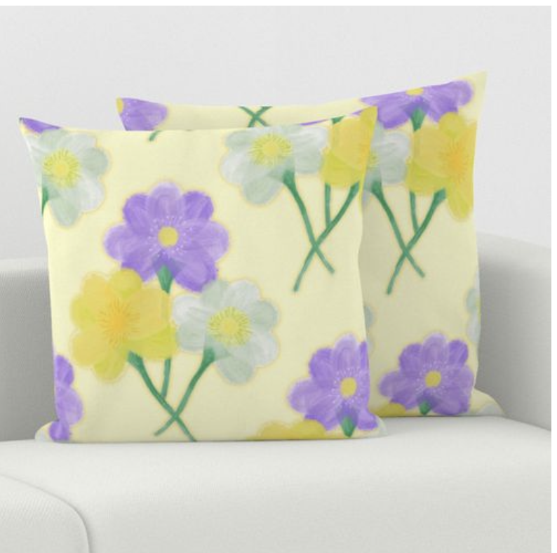 Diamond repeat pattern of three painted butter cups a yellow flower a purple flower and a white flower on a square throw pillow. 
