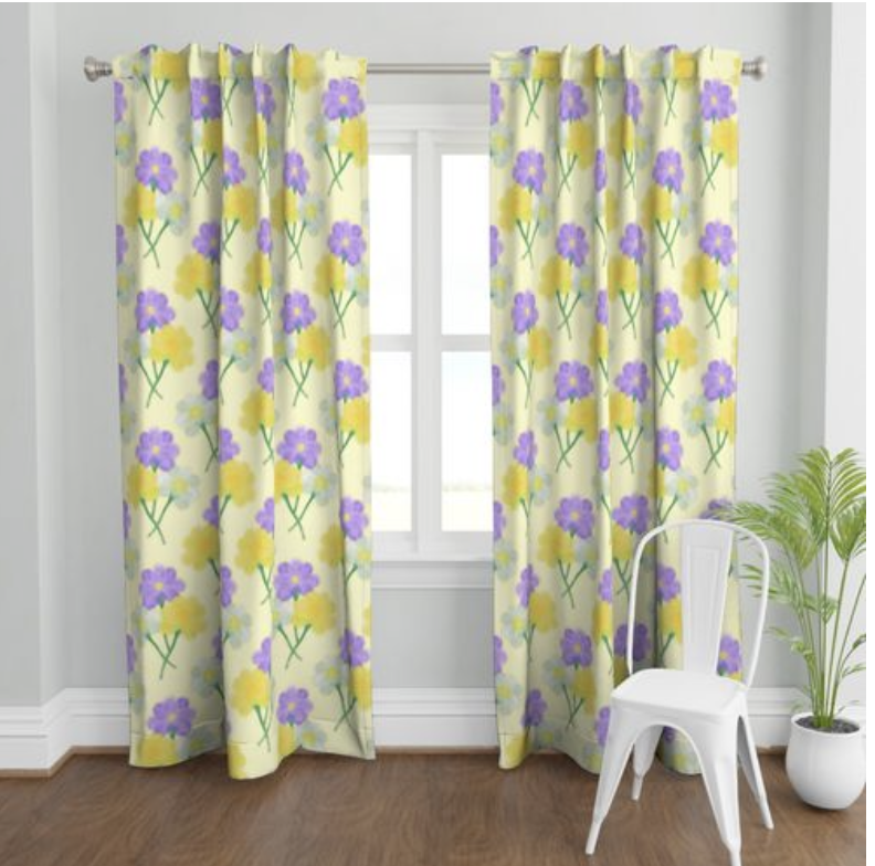 Diamond repeat pattern of three painted butter cups a yellow flower a purple flower and a white flower on curtain window treatments. 