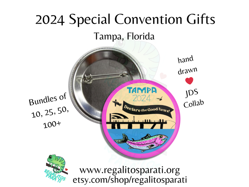 Pin back button with a hand drawn scene featuring skyway bridge, a fishing pier, a rainbow trout underwater and an airplane with a banner text reading "Declare the Good News" Tampa 2024