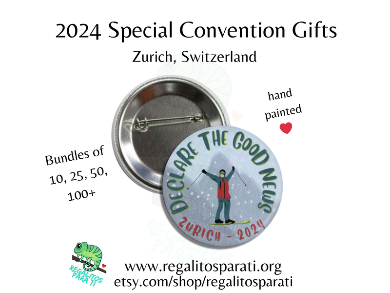 Pin back button with a hand painted skier, Swiss alps in the background design and the text "Declare the Good News Zurich 2024"